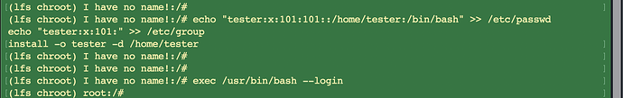 With passwd and group created, the prompt resolves from "I have no name!" to root.
