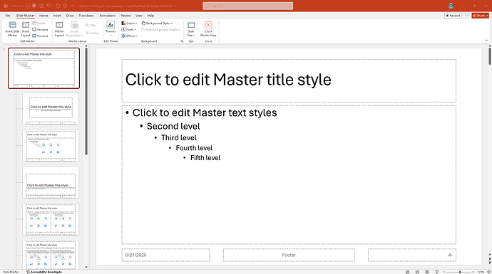 Slide Master view with master slide at top and layout slides below it in the panel